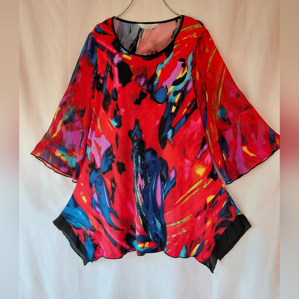 Peter Nygard Bright Abstract Art Tunic Top Handkerchief Hem Sheer Bell SZ M